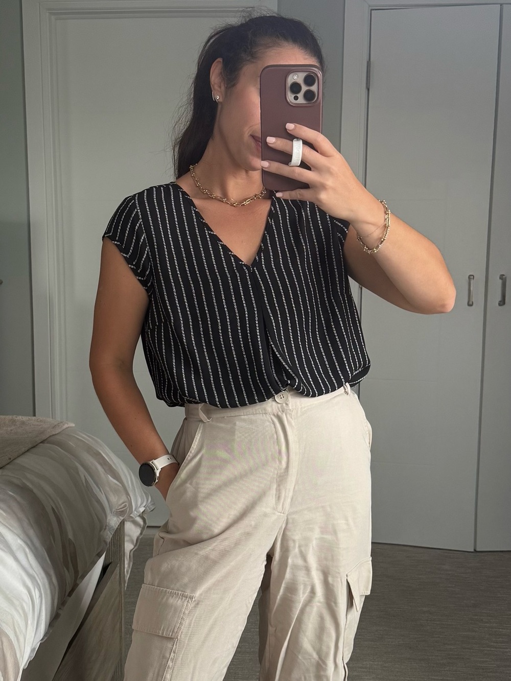 Halogen Black Striped V-Neck Cap Sleeve Blouse